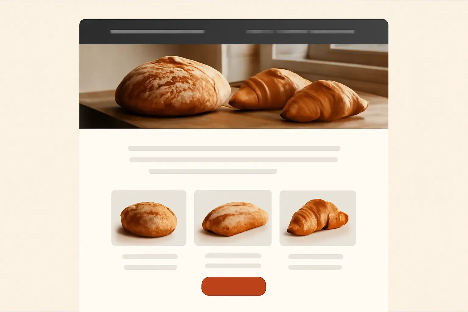 Warm, dark-toned homepage concept for a local bakery with a large product photo and an order-ahead button.